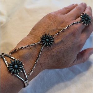 Native American SS Zuni Petit-Point Turquoise Bracelet with attached ring.